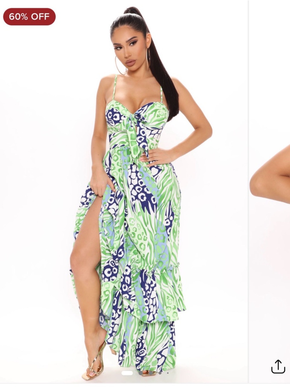 Fashion Nova Green & Navy Printed Maxi Dress with Front Slit